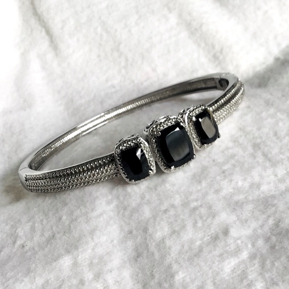 Emerald Cut Black Spinel Bangle in Stainless Steel - Picture 1 of 7